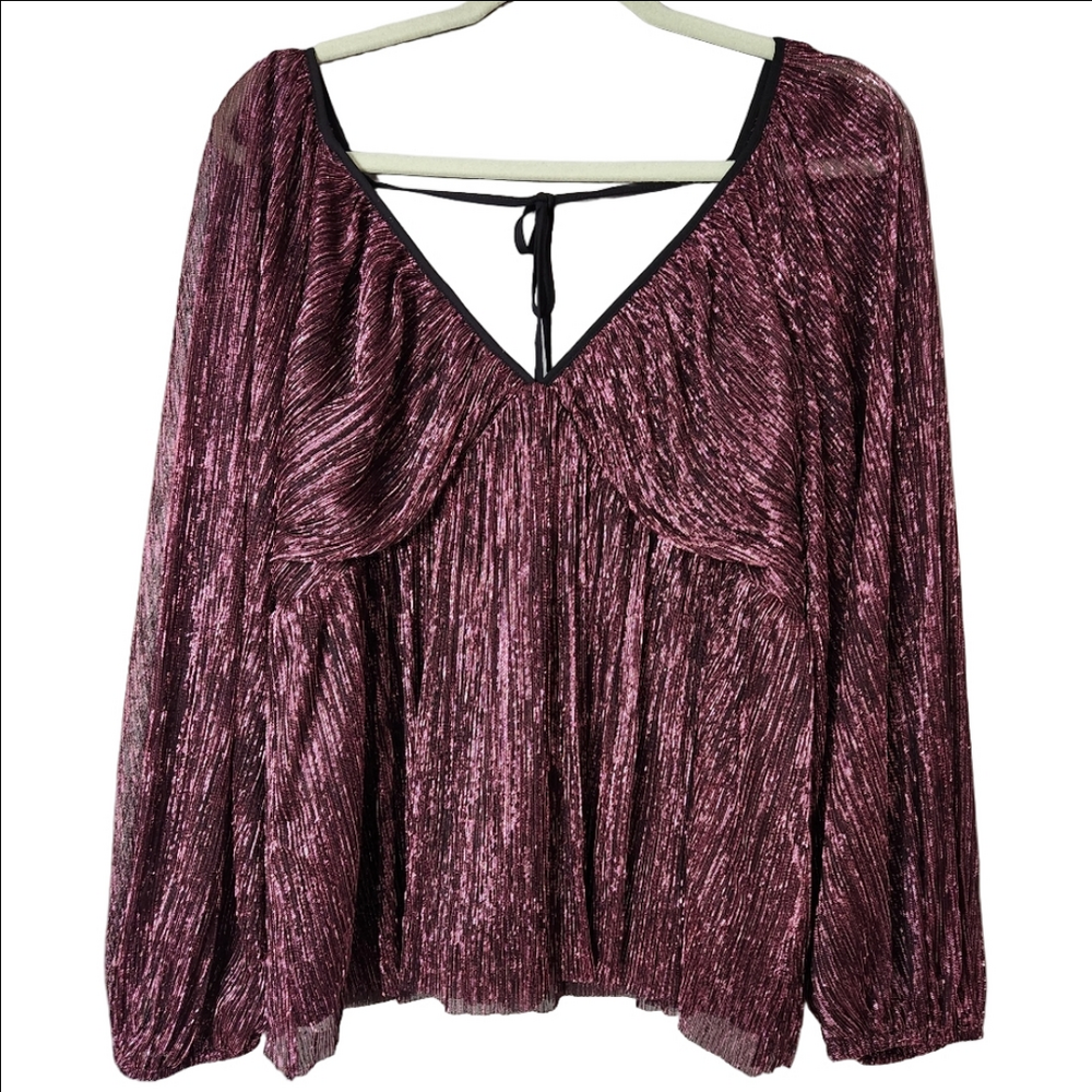 NEW Express Metallic V-Neck Balloon Sleeve Ruched Peplum Top maroon Medium